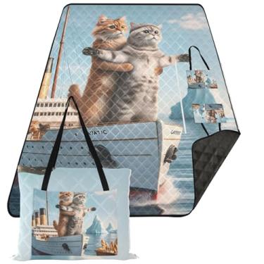 Imagem de TSENQUE Funny Cats Titanic Kitten Cobertor de praia à prova d'água fofo piquenique essencial dobrável floral cobertor de acampamento para grama 203 cm x 152 cm