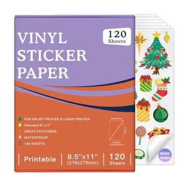 Imagem de Papel adesivo de vinil imprimível premium, branco brilhante, 30 folhas, 21 x 28 cm, impermeável, para impressoras a jato de tinta e máquinas de corte (branco brilhante, 120 folhas)