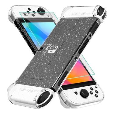 Imagem de GLDRAM Kit de capa com glitter para Nintendo Switch OLED 2021, capa protetora de PC encaixável para console Switch OLED, capa ergonômica de TPU para Joycon, conjunto de skin brilhante com protetor de