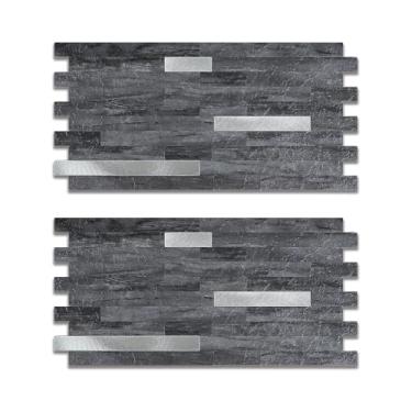 Imagem de 2 peças de azulejos de parede de pedra sintética, azulejos de parede pretos de alumínio escovado com aparência de mármore para cozinha lareira RV (29,4 cm x 14,9 cm)