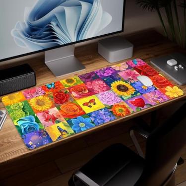 Imagem de Tapete de mesa de flor de couro, mouse pad de arte colorida grande teclado de computador mousepad para jogos à prova d'água protetor e capa de mesa, tapete de mouse decorativo de couro PU para laptop