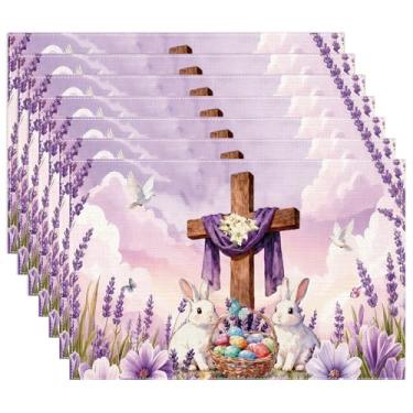 Imagem de Inisajace Jogo americano de Páscoa, conjunto de 6, tapetes de mesa de coelho com cruz religiosa rosa, decorações de primavera para festa em casa, cozinha, decoração de jantar (30 x 45 cm)