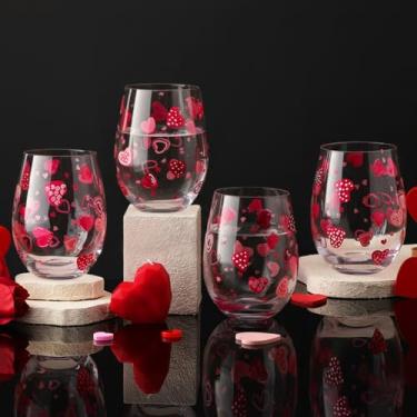 Imagem de Yungyan 4 peças de taças de vinho pintadas à mão para Dia dos Namorados Taça de vinho vermelha rosa corações sem haste 510.3 g Galentines Heart Drinking Glasses Presente de Dia dos Namorados para