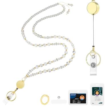 Imagem de AIDSOTOU Cordões para crachás de identificação e chaves, cordão de professor com contas de pedra natural para mulheres, cordão retrátil com porta-identidade, cordões fofos para professores (branco)