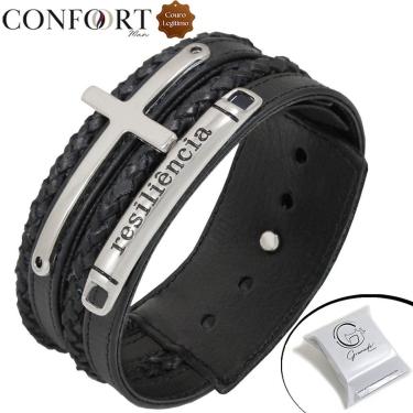 Imagem de Pulseira Ajustável De Couro Preto Masculina Resiliência Prateado-Unissex