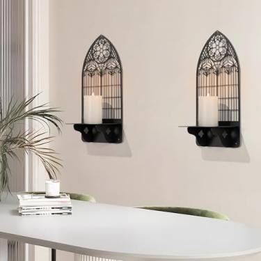 Imagem de Castiçais votivos de metal de igreja arqueada, castiçais de metal, castiçais, suporte de vela preto, decoração de parede em arco para sala de estar, igreja, lareira (preto 2, 14 x 30 cm, 2 peças)