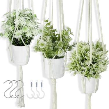 Imagem de HahaMagic Pacote com 3 plantas artificiais para pendurar em ambientes internos com cabides de macramê – Conjunto de plantas falsas para pendurar com ganchos e ganchos feitos à mão para casa, cozinha