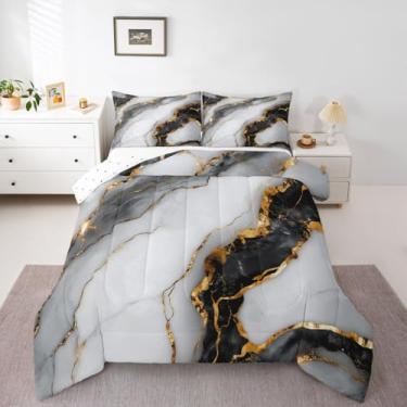Imagem de Feelyou Conjunto de edredom Queen de mármore preto e cinza, dourado, com glitter, para crianças, meninos, meninas, aquarela, mármore, estético, moderno, abstrato, 3 peças com 2 fronhas