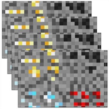 Imagem de Jogo americano Pixelated Kids Conjunto de 4, tapetes de mesa de videogame em grade de patchwork, decoração de cozinha geométrica de treliça, cinza, vermelho, azul, decoração de mesa de cozinha, 30 x