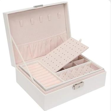 Imagem de Porta Joia Caixa Organizadora De Jóias Feminina Em Couro Com Duas Camadas/Anéis/Colar Fecho(Branco/CX2020)