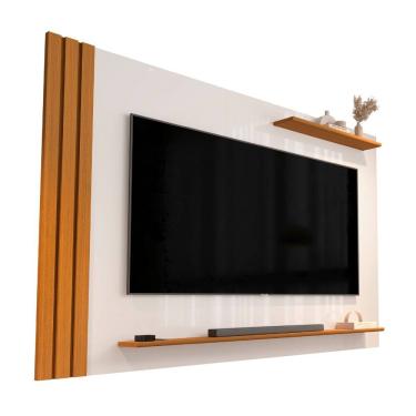 Imagem de Painel Para TV Até 65 Polegadas Detalhe Ripado Com Prateleiras Aden Off White/Madeirado
