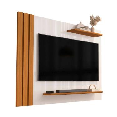 Imagem de Painel Para TV Até 40 Polegadas Detalhe Ripado Com Prateleiras Aden Off White/Madeirado