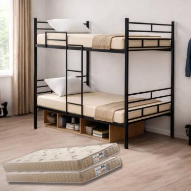 Imagem de Beliche Solteiro Militar Com Escada Aço Reforçado Metalon 150kg com 2 Colchões D33