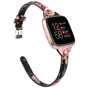Imagem de Pulseira fina da Toyouths, compatível com Fitbit Versa/Versa 2/Versa Lite/Versa SE Bands para mulheres, homens, fina, de couro legítimo, pulseiras de substituição feitas à mão, acessórios para relógios, várias cores, Black/Pink Floral
