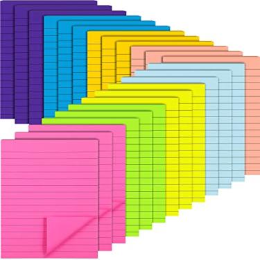 Imagem de 24 pacotes de pequenas notas adesivas forradas, 10 x 15 cm blocos de notas adesivos coloridos com linhas, postes pautadas brilhantes autoadesivas bloco de notas para material escolar de escritório, casa, 1200 folhas, 8 cores
