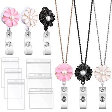 Imagem de Cordão de crachá com compartimentos de identificação, 3 peças, colar de crachá fofo, 3 peças, porta-crachá retrátil, 6 peças, suporte de etiqueta de nome transparente horizontal e vertical, carretéis de crachá de flor com pérola para meninas e mulheres