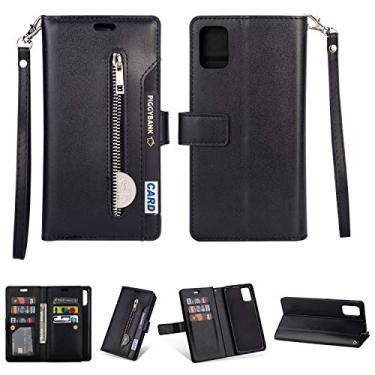 Imagem de Capa para Samsung Galaxy A31 4G, carteira de couro PU Folio Flip Case Bolso com Zíper Slots para Cartão Fecho Magnético Capa Protetora à Prova de Choque com Alça de Pulso para Samsung Galaxy A31 4G (Preto)