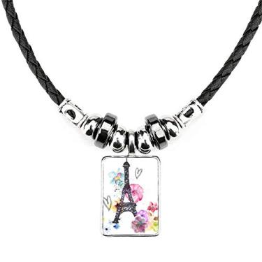 Imagem de DIYthinker Torre Eiffel Colar em forma de coração França Joias Torque Pingente de corda de couro