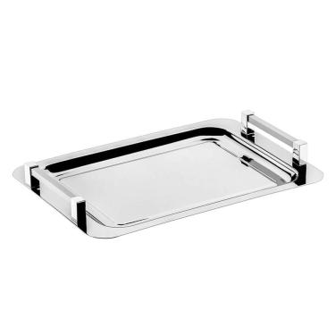 Imagem de Bandeja Aço Inox Retangular Pequena com Alças para Servir Café Lanches 36x25,5cm Zanella