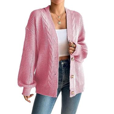 Imagem de 2023 Suéter feminino com frente aberta botão para baixo cardigã de ombro caído suéter de manga comprida cardigã casaco `, rosa, M
