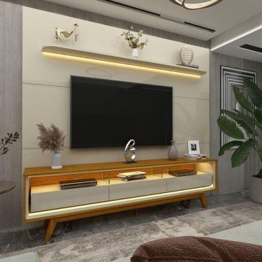 Imagem de Rack com Painel para Tv até 85 Polegadas Led 3 Gavetas com Pés Madeira 220cm Royal/requinte Off White/Marromle-Off White