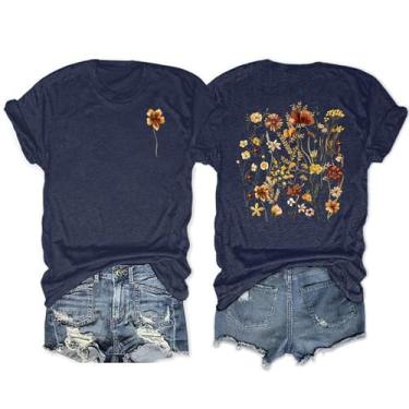 Imagem de Anbech Camisetas femininas com estampa de flores silvestres boho, manga curta, caimento solto, Azul-marinho 2, G