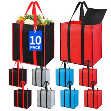 Imagem de Bodaon Pacote com 10 sacolas de compras reutilizáveis dobráveis com fundo de plástico, sacola utilitária a granel, grande carrinho de compras dobrável e reutilizável para mantimentos, cesta de compras