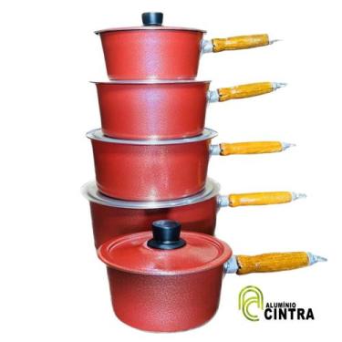 Imagem de Jogo de Panelas Alumínio Grosso Craquelado 1 cabo madeira 2mm Antiga F