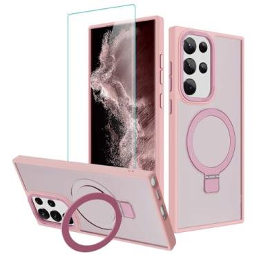 Imagem de AIGOMARA Capa magnética para Samsung Galaxy S22 Ultra [compatível com Magsafe] [suporte de anel invisível] Capa protetora traseira fosca translúcida à prova de choque fina para Galaxy S22 Ultra, rosa