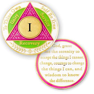 Imagem de 1 ano de medalhas AA Moeda Sobriedade - Alcoólicos Anônimos Chips - Moedas de um ano - Rosa Verde Branco ficha