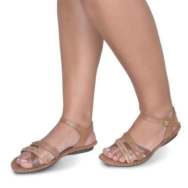 Imagem de Sandália Rasteira em Couro Whisky Conhaque - Flor d'couro, 35