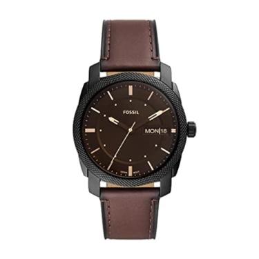 Imagem de Fossil Relógio masculino Machine com pulseira de aço inoxidável ou couro, cronógrafo ou mostrador analógico, preto, marrom escuro, Máquina