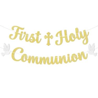 Imagem de Faixa de Primeira Comunhão - Decorações de Batismo, Banner Mi Primera Comunión, Decoração Bless This Child, Decorações de Festa de Batizado Religioso Dourado Glitter
