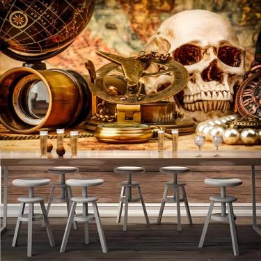 Imagem de Lcythiazole Mural de pirata de tamanho personalizável, mapa náutico, globo, telescópio, joias e caveiras, adequado para restaurante, sala de estar e quarto