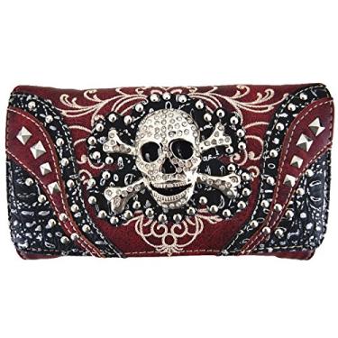 Imagem de WESTERN ORIGIN Carteira feminina cravejada de caveira de açúcar Dia dos Mortos Cruz Osso Punk Gothic Art Rebite Studded Wristlet, #2 Vermelho, Carteira feminina Sugar Skull Day of the Dead Crossbone