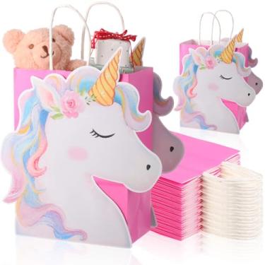 Imagem de Kolldenn Pacote com 24 sacos de lembrancinha de festa de unicórnio com 48 peças de cartolina e alças para festa de aniversário de unicórnio, sacos de doces de presente para lembrancinhas de festa