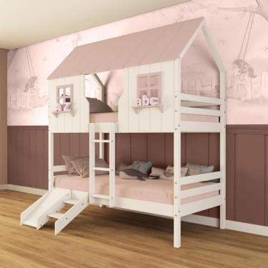 Imagem de Beliche Casinha Encantada Com Kit Escada/ Escorregador Madeira Maciça Branco/ Rosa Megamobilia