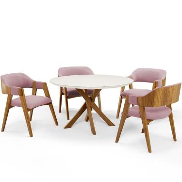 Imagem de Mesa De Jantar Redonda Cora 120cm Off White M04 Com 04 Cadeiras Living Suran Bouclê Rosê - Lyam