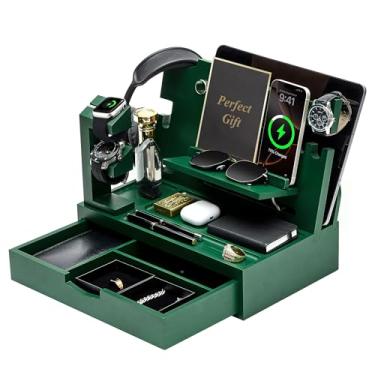 Imagem de KWYADLUO Organizador de mesa de cabeceira masculino com gaveta grande, presentes de aniversário para homens, base de telefone, organizador de cabeceira para mesa de cabeceira para Apple Watch, laptop