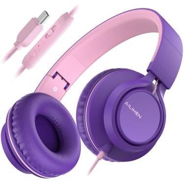 Imagem de AILIHEN Fones de ouvido C8 USB C com fio com microfone e controle de volume (roxo rosa)