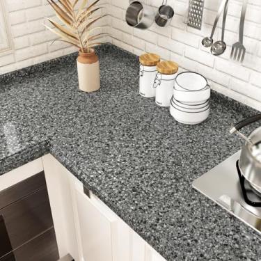 Imagem de Wallercity Papel de parede de granito brilhante de 40 cm x 601 cm para armários autoadesivo removível em mármore preto claro para armários de cozinha, bancada, filme decorativo de vinil para banheiro