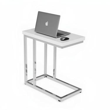 Imagem de Mesa lateral para sofá – Mesa de canto em forma de C – Bandeja para laptop estilo contemporâneo moderno ou mesa de cabeceira compacta – Móveis que economiza espaço da Lavish Home (branca)
