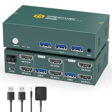 Imagem de KVM Switch 2 monitores 2 computadores HDMI 8K @60Hz, USB3.0 4K@144Hz monitor duplo KVM switch com 3 portas USB 3.0 compartilhando teclado e mouse impressora scanner, interruptores KVM com controle de