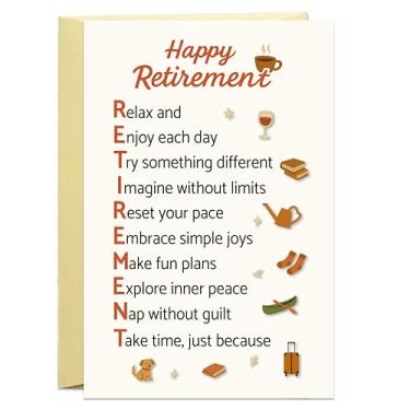 Imagem de LoLoud Cartão Happy Retirement com mensagem acróstica inspiradora, presente de aposentadoria feliz para homens e mulheres, cartolina premium 300GSM, 14 x 20 cm, inclui envelope