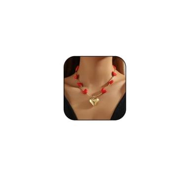 Imagem de Colar de coração vermelho para mulheres, grosso, dourado, coração, pérola, corações, gargantilhas, colares coloridos, colares gargantilhas de casamento, joias de Natal, Large Size, Metal, Sem Pedra