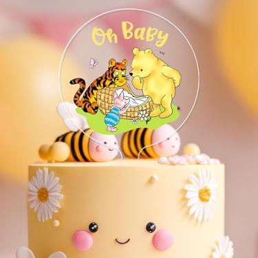 Imagem de Woodamore Topper clássico de bolo de chá de bebê Pooh - Topper de bolo de acrílico decorações de chá de bebê, enfeites de cupcake Pooh Winnie Birthday