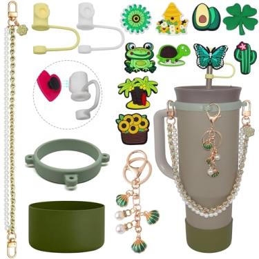 Imagem de DiamondArtZone Conjunto de acessórios de copo para copo Stanley de 850 g e 1,134 g, cordão de alça à prova de queda de garrafa de água, pingentes de bota Stanley Bow Straw Cover Topper, presente para