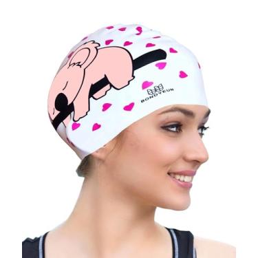 Imagem de BONDYUEN Touca de natação para crianças, meninos, meninas, homens, mulheres, com cabelo curto ou médio, divertida, design fofo, bonés de natação de silicone (branco/rosa)