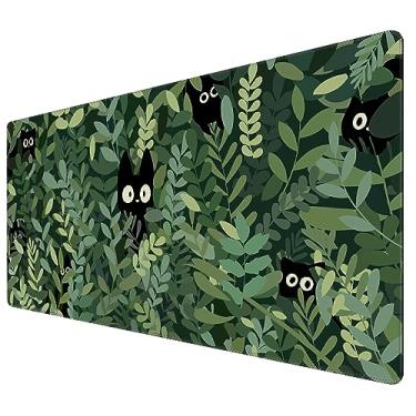 Imagem de Tapete de rato Kawaii gato GG - 80 x 39,9 cm - Anime preto gato verde planta tapete de mesa - teclado estético estendido mouse pad - para mesa criança menina com bordas costuradas, antiderrapante