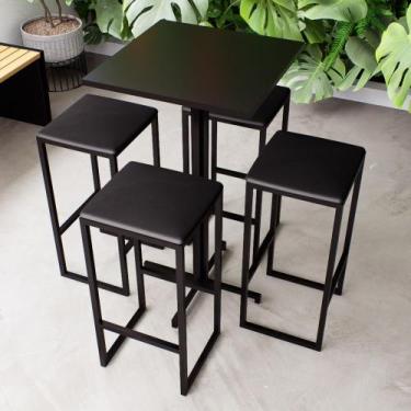 Imagem de Conjunto Mesa Alta Bar Bistrô Quadrada Preta 4 Bancos Estofado Industr